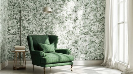 Cozy Minimalist Living Room Highlighting Elegant Green Armchair with Stylish Lamp Against Botanical Wallpaper