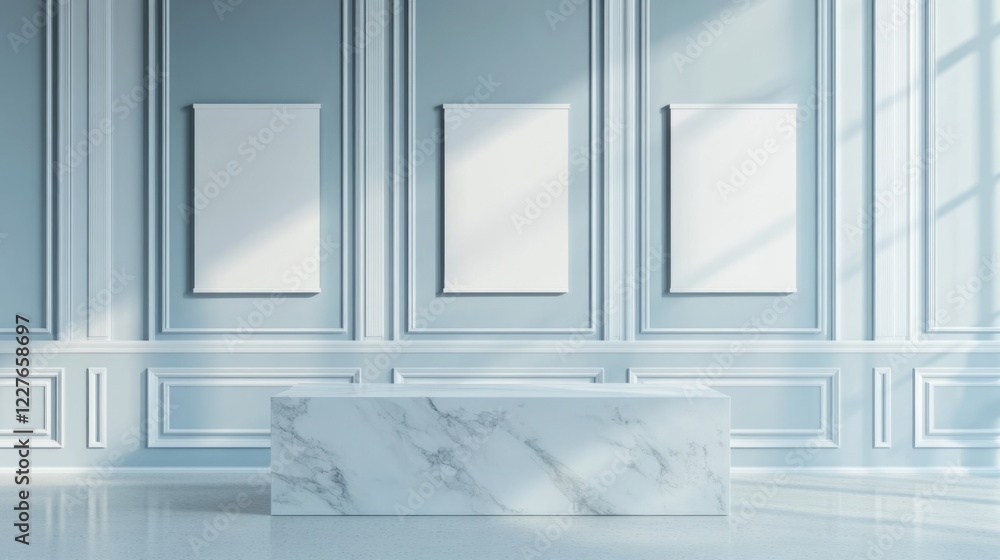 Poster three empty poster mockups arranged in a bright office setting featuring white paneling and a marble