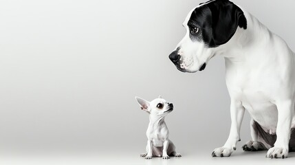 Fototapeta premium Great Dane sitting beside a tiny teacup Chihuahua, contrast in size, humorous and eyecatching composition
