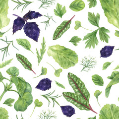 Watercolor microgreen leaves seamless pattern isolated background. Purple basil, lettuce salad leaf, chard beet, rosemary, dill, parsley, oregano herbs illustration in realistic style. healthy eating.