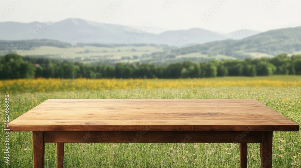 Poster Wooden table in sunny green field with mountain backdrop ideal for product display and mockup with ample empty copy space for text.