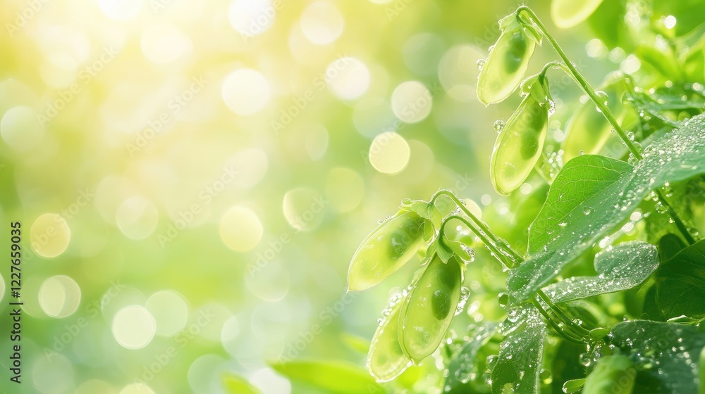 Poster fresh vibrant bokeh background with green foliage and dewdrops creating a soft dreamy atmosphere for