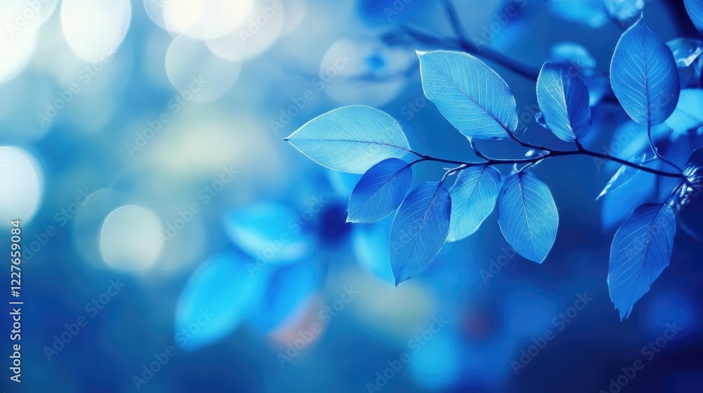 Poster serene blue abstract background with delicate leaves and soft bokeh effect for nature-inspired desig