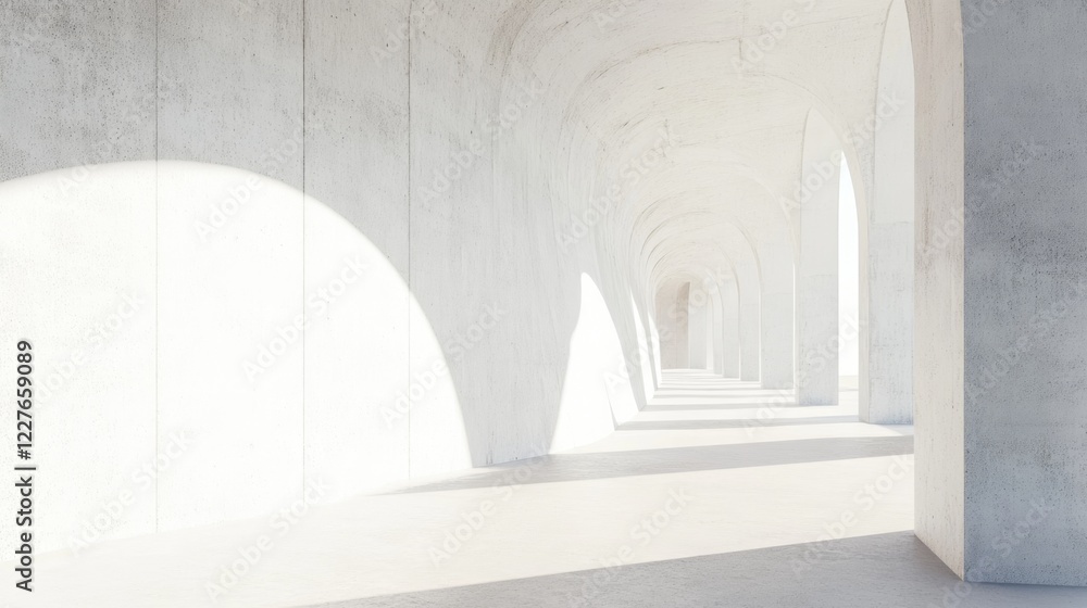 Poster minimalist white concrete architecture with arches and soft lighting in an open space