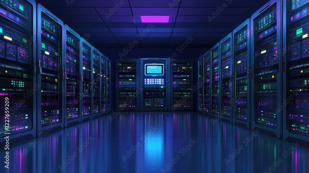 Poster high-tech data center with advanced cybersecurity features and illuminated server racks for networki