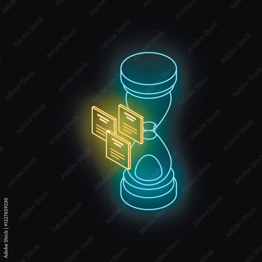 Poster neon hourglass with floating documents symbolizing efficient time management and workflow organizati