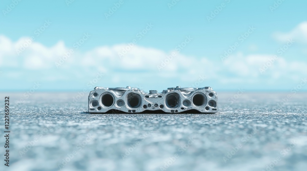 Aufkleber rustic engine block resting on a weathered concrete surface, surrounded by open air, showcasing the 