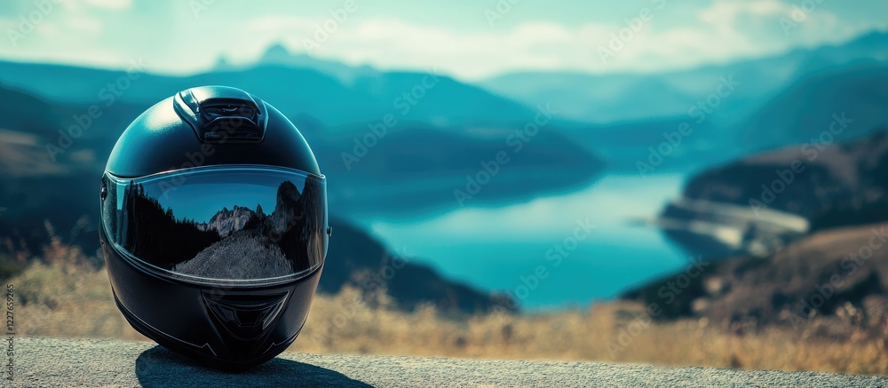 Poster Motorcycle helmet capturing scenic landscape reflection with empty space for text in an outdoor setting