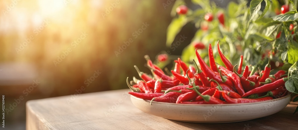 Poster vibrant chilies on a rustic dining table bathed in summer sunlight with ample empty space for text a