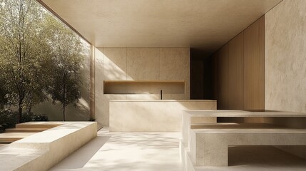 Modern Minimalist Kitchen Design Emphasizing Clean Lines and Natural Materials with Open Space and Abundant Natural Light