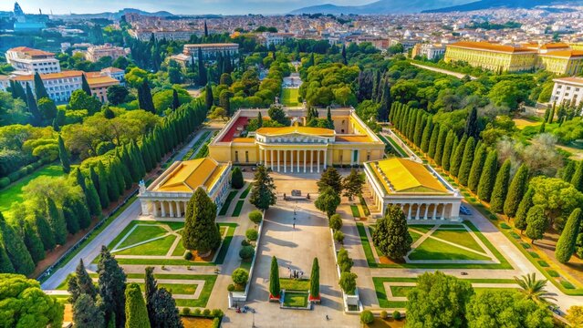 Athens Zappeion Hall Gardens Aerial View: Sunlit Classical Architecture & Lush Greenery