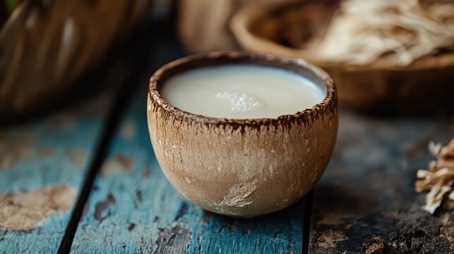 Natural kava drink served in a traditional rustic bowl on a wooden surface with organic elements around it