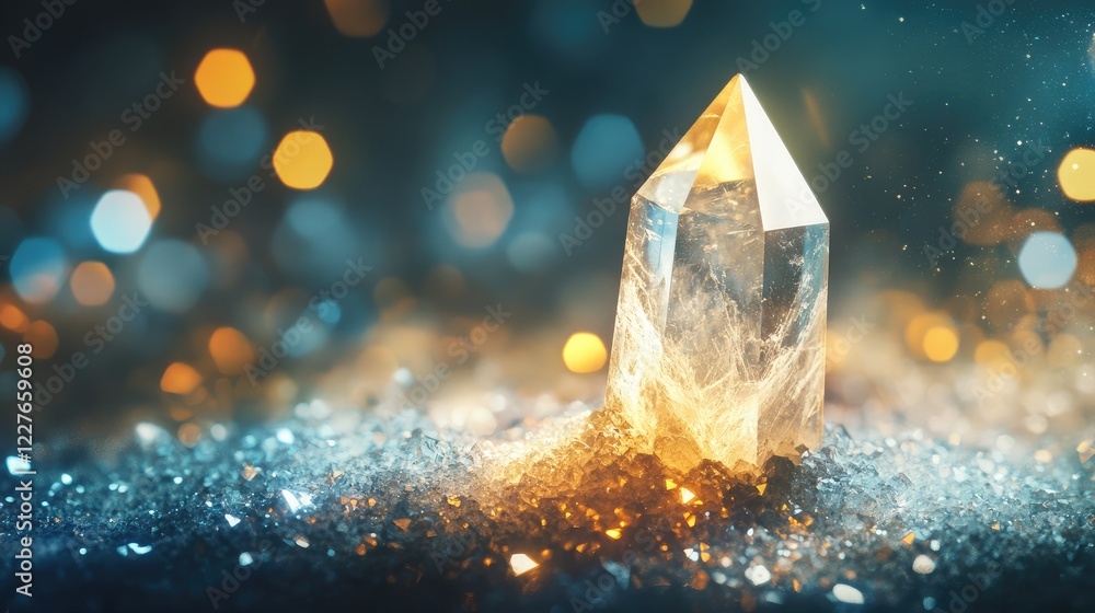 Poster natural quartz crystal illuminated on a vibrant bokeh background showcasing luminous colors and spar