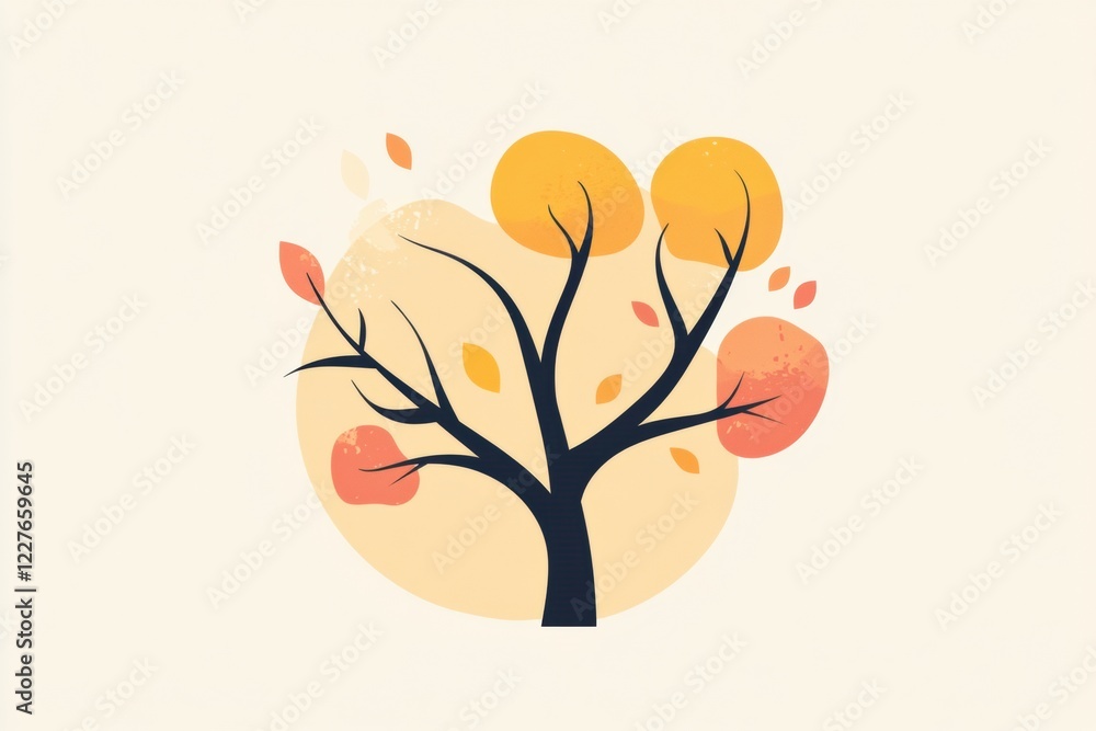 Poster stylized tree icon with branches and colorful leaves set against a warm background. generative ai