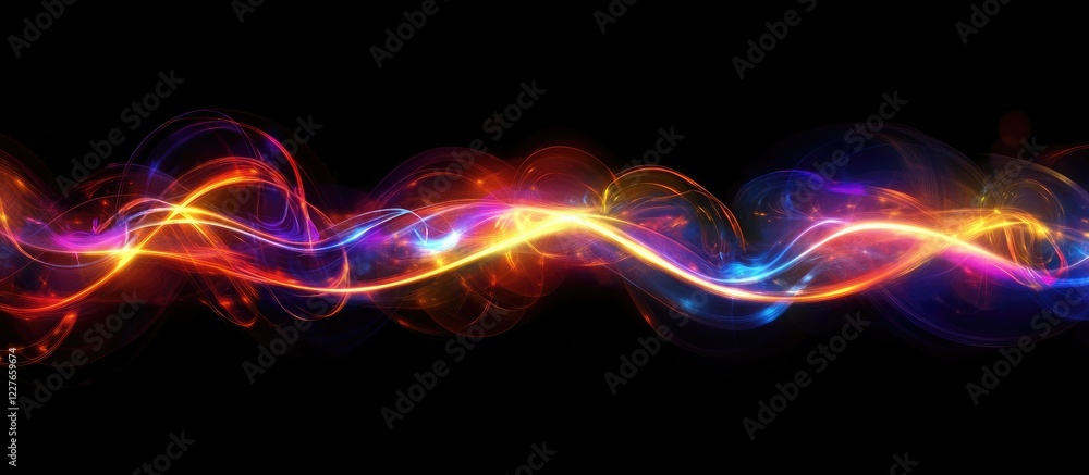 Fototapete Abstract neon light waves in vibrant colors on a dark background with glowing highlights and empty space for text or design elements.