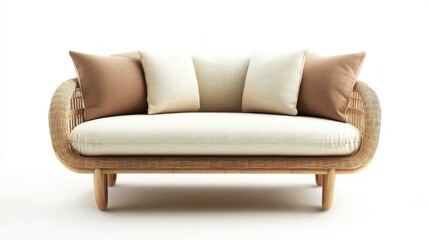 Modern rattan sofa with cushions on a minimalist white background showcasing natural materials and contemporary design elements.