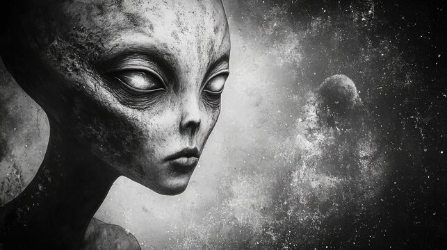 Alien Being Against Cosmic Background Exploring Themes of Extraterrestrial Life and Occult Science in Future Human Existence