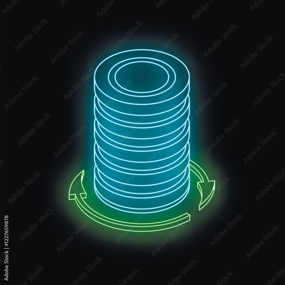 Poster database updating with rotating arrows, neon style on black background, concept of data storage, bac