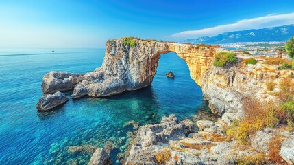 Fototapeta premium Natural stone arch over clear blue waters on a rocky coastline with greenery and distant mountains under a bright sky
