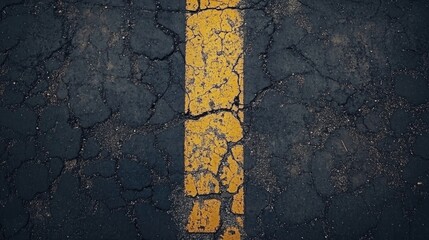 Cracked asphalt texture with yellow line detail showcasing damage and wear suitable for backgrounds or design projects with text space.