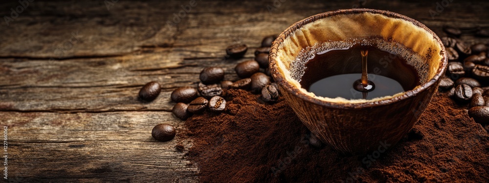 Poster brewing black coffee with a dripping filter on rustic wooden background showcasing coffee beans and 