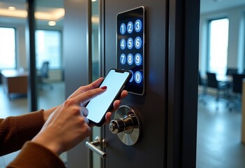 A woman's finger enters password code on smartphone screen & digital touchscreen keypad to access an office using a digital door lock; emphasizes smart devices, security features, modern technology,