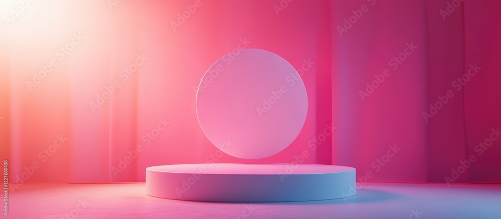 Poster minimalist neon pink and blue background with round podium for displaying products and ample copy sp