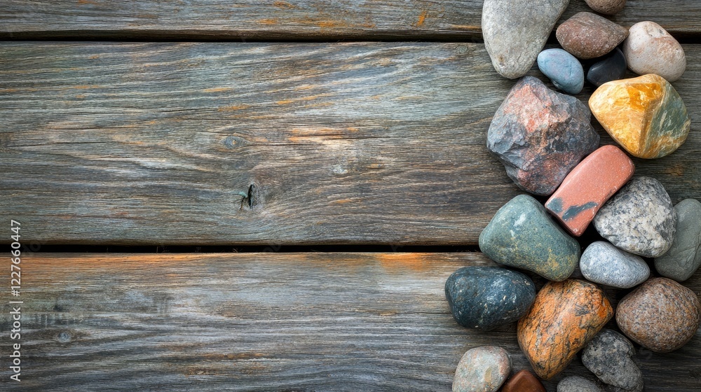 Poster natural stones arranged on a rustic wooden surface creating a harmonious and tranquil background for