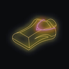 Neon sign representing a perfume bottle with a necklace, glowing on a black background