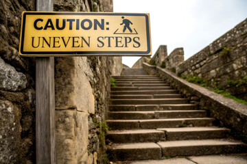 Fototapeta premium A caution sign warns of uneven steps leading up a stone staircase in an outdoor setting.