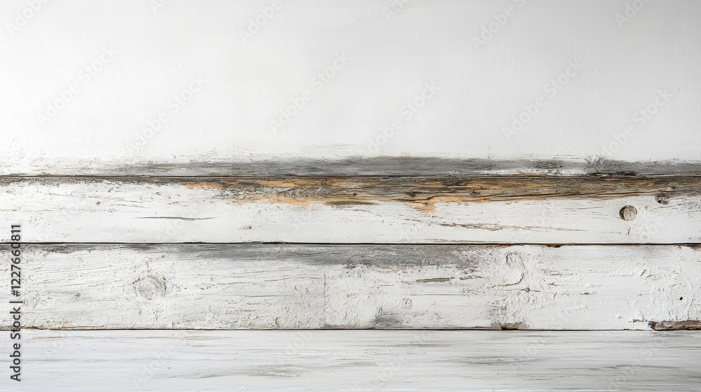 Poster weathered wooden planks and textured white wall backdrop creating a minimalist space for design and 
