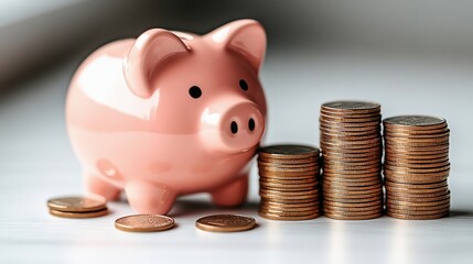 Pink Piggy Bank and Stacks of Coins: Saving Money Concept