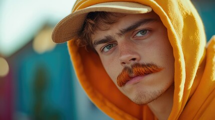 Puzzled young man with bright orange mustache and hoodie expressing curiosity in vibrant surroundings close up portrait