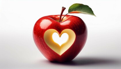 Obraz premium red apple with a heart shaped cut out isolated on white background generative ai