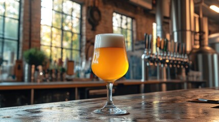 Autumn brewery interior featuring a tall glass of beer with foam on the bar, ideal for beer tasting and brewery tour promotions.