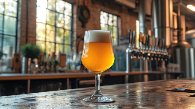 Autumn brewery interior featuring a tall glass of beer with foam on the bar, ideal for beer tasting and brewery tour promotions.