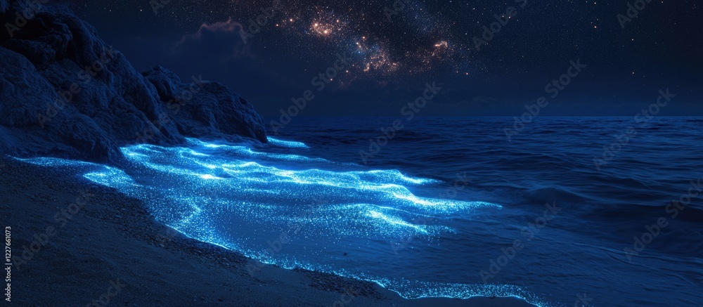 Poster moonlit beach with bioluminescent waves and starry sky creating a serene atmosphere perfect for text