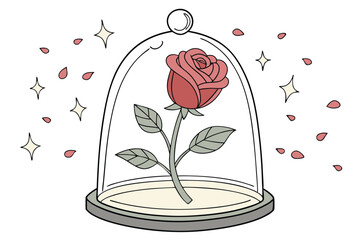 Enchanted rose, glass dome, Beauty and the Beast, vivid red petals, green stem and leaves, magical glow, photorealistic, detailed illustration, fantasy concept, iconic fairytale symbol, transparent be © Manik Mia