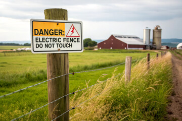 Obraz premium A warning sign indicates the presence of an electric fence near a farm, urging caution and advising not to touch.