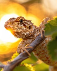 Detailed Close-Up of Bearded Dragon Against Golden Sunset Glow