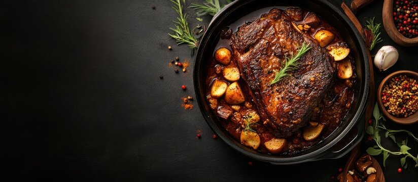 Moroccan pot roast dish showcasing tender slow-cooked meat with rich spices and vegetables set against a dark backdrop for text placement