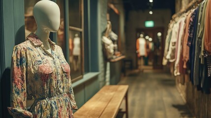 Fototapeta premium Mannequins displaying fashion in an elegant hallway with a wooden bench and stylish clothing racks in a retail environment