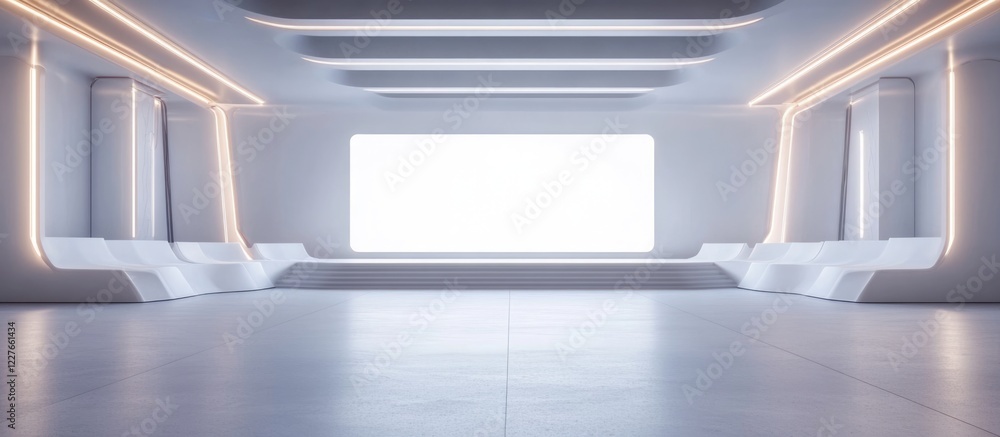 Poster elegant minimalist seminar room with spacious layout and bright white walls featuring ample empty sp