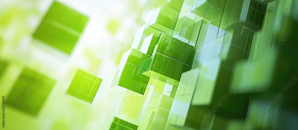 Poster dynamic motion blur effect featuring green abstract blocks with ample space for text overlay in a co