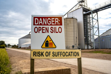 A warning sign indicating danger from an open silo and the risk of suffocation, set against a backdrop of agricultural silos.