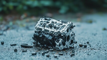 Disassembled Car Engine on Cracked Concrete, showcasing oil stains, scattered bolts, and a rugged industrial floor, highlighting mechanical intricacies and wear.