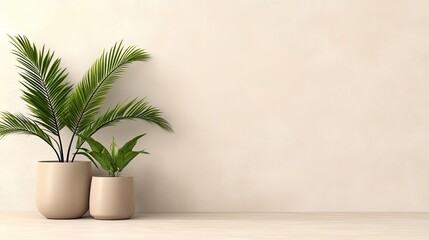 Fototapeta premium Elegant Green Plants in Modern Minimalistic Pots on Soft Beige Background for Interior Decor Inspiration