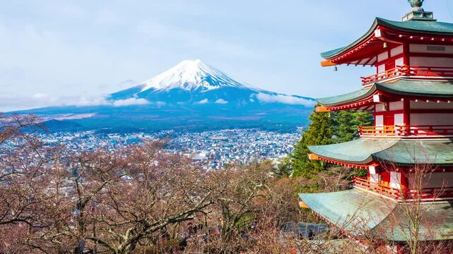 4k Time lapse, Fuji and Chureito Pagoda from the hilltop of Arakurayama Sengen Park, Japan