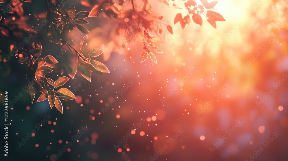 Poster soft morning light filtering through green leaves creating an abstract bokeh background with a seren