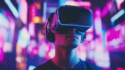 Immersive metaverse experience with virtual reality headset in vibrant neon cityscape at night